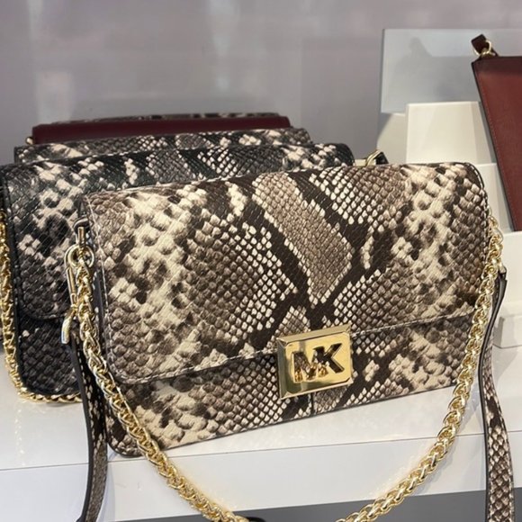 Michael Kors Sonia Medium Snake Embossed Shoulder Bag Natural - Picture 16 of 16